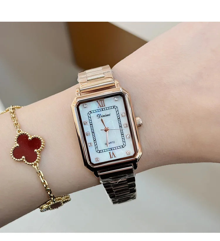 Vintage watches with female personality, niche design, square diamond studded steel strip, quartz watch for women