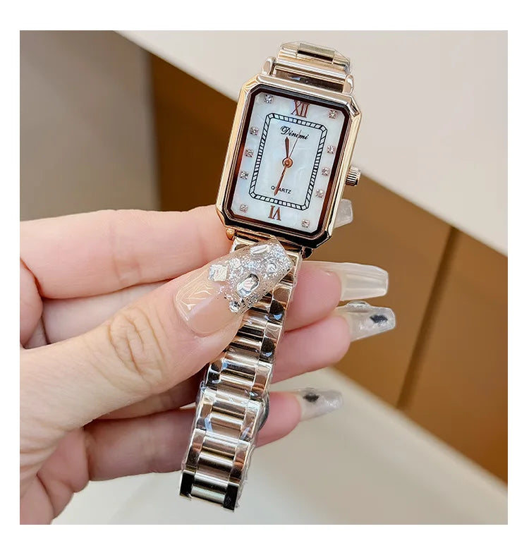 Vintage watches with female personality, niche design, square diamond studded steel strip, quartz watch for women
