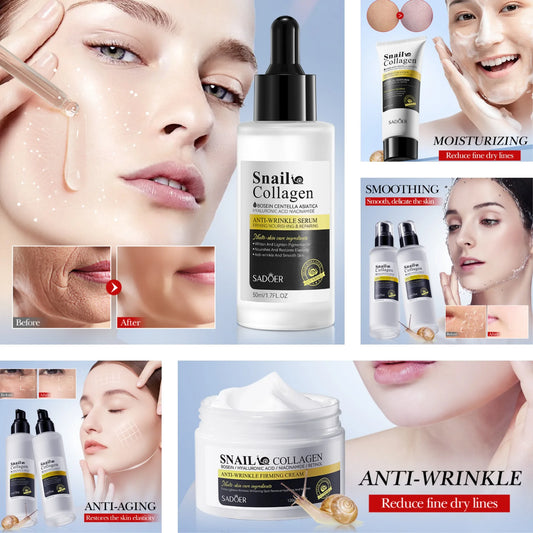 SADOER Snail Collagen Cleanser Face Cream Serum Toner Lotion Whitening Moisturizing Nourishing Serum Firming Lifting Skin Care