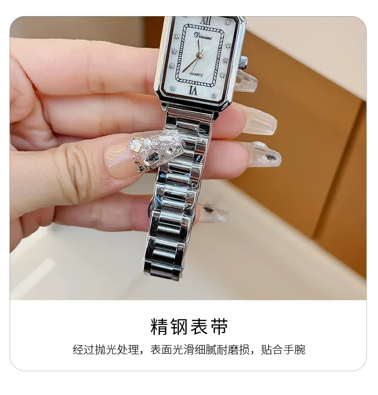 Vintage watches with female personality, niche design, square diamond studded steel strip, quartz watch for women