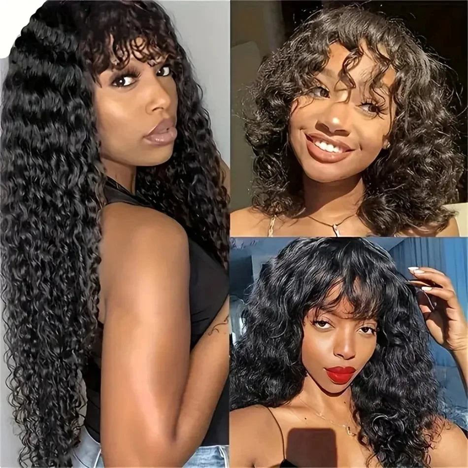 Water Wave Wigs For Women 100 humain hair Deep Curly Wig With Bangs Perruque Cheveux Humain Full Machine Made Wigs Sale