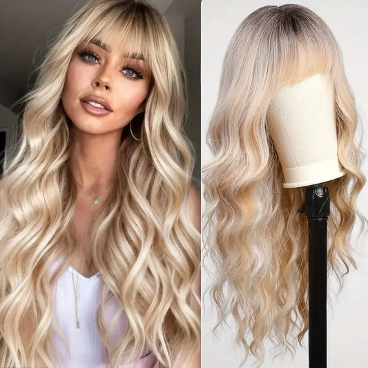 28inch Long Curly Wavy Wig with Bangs Heat Resistant Synthetic Hair Loose Wave Elegant Daily Beginner-Friendly
