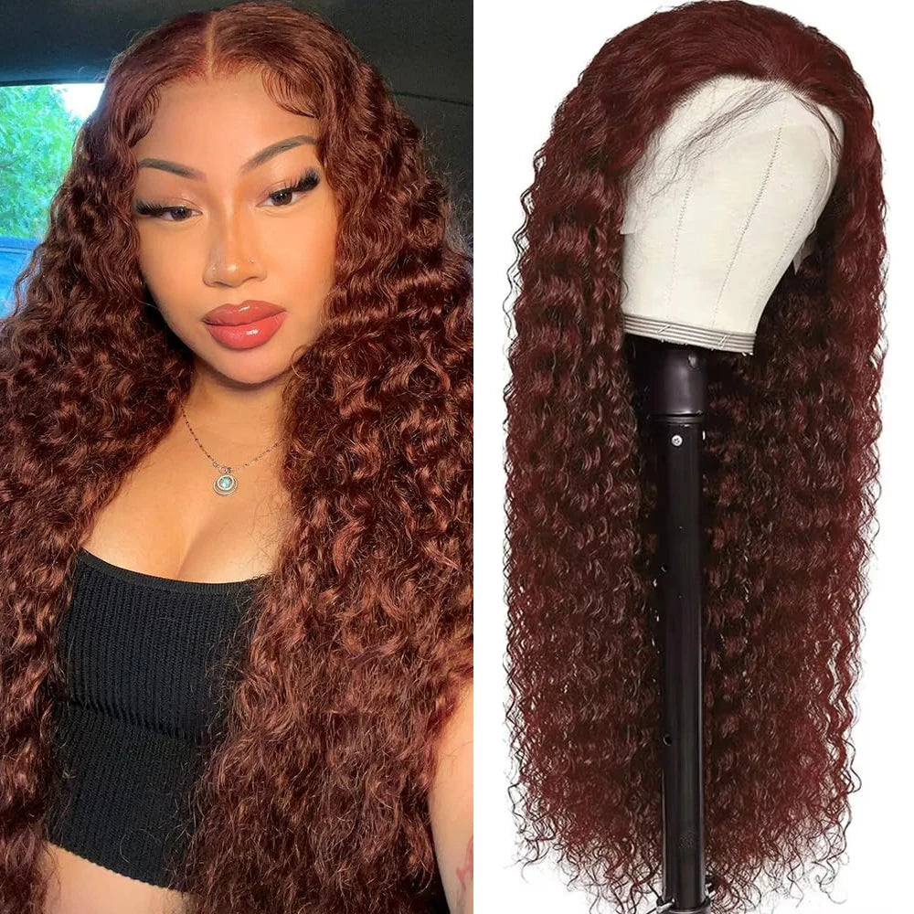 36 Inches  Curly Wigs 13×6  Lace Front Human Hair Wig Reddish Brown  Glueless Wigs Human Hair Water Wave Human Hair Wigs