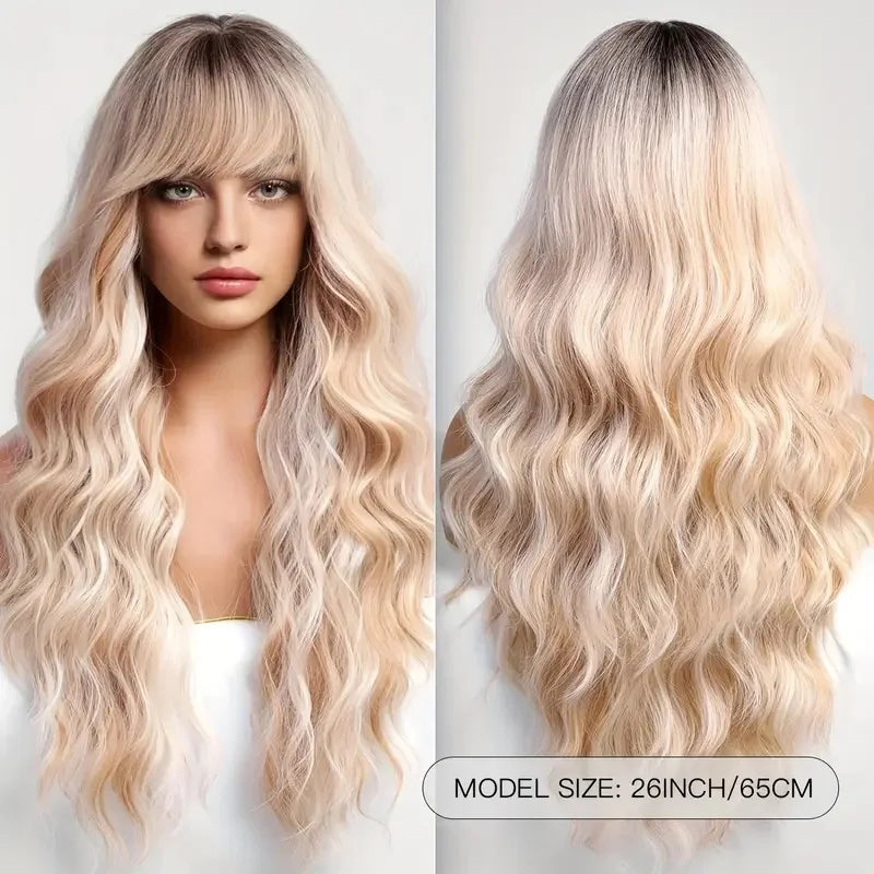28inch Long Curly Wavy Wig with Bangs Heat Resistant Synthetic Hair Loose Wave Elegant Daily Beginner-Friendly