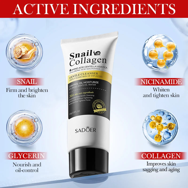 SADOER Snail Collagen Cleanser Face Cream Serum Toner Lotion Whitening Moisturizing Nourishing Serum Firming Lifting Skin Care
