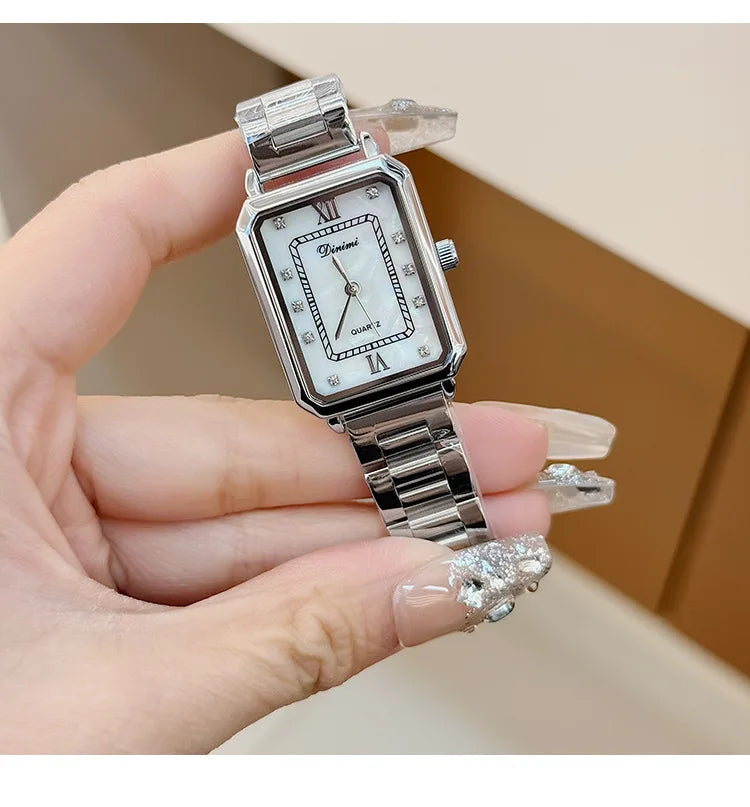 Vintage watches with female personality, niche design, square diamond studded steel strip, quartz watch for women