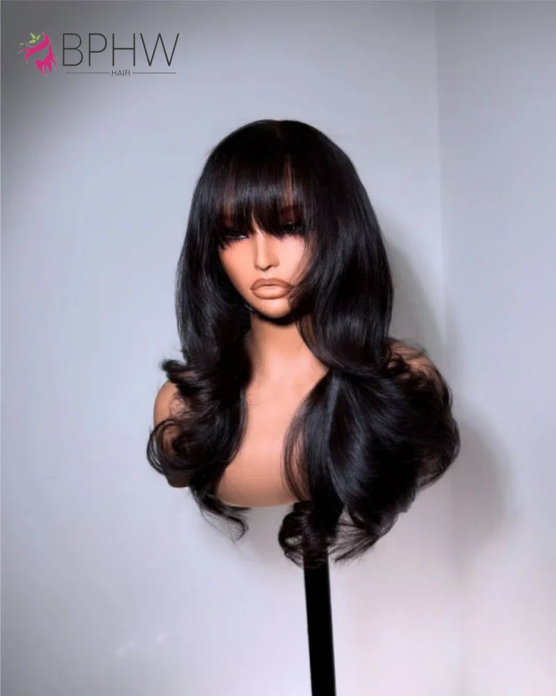 Body Wave Human Hair 30 Inch Wigs With Bangs Full Machine Made Human Hair Wigs For Women Natural Color 180% Density Long Wigs
