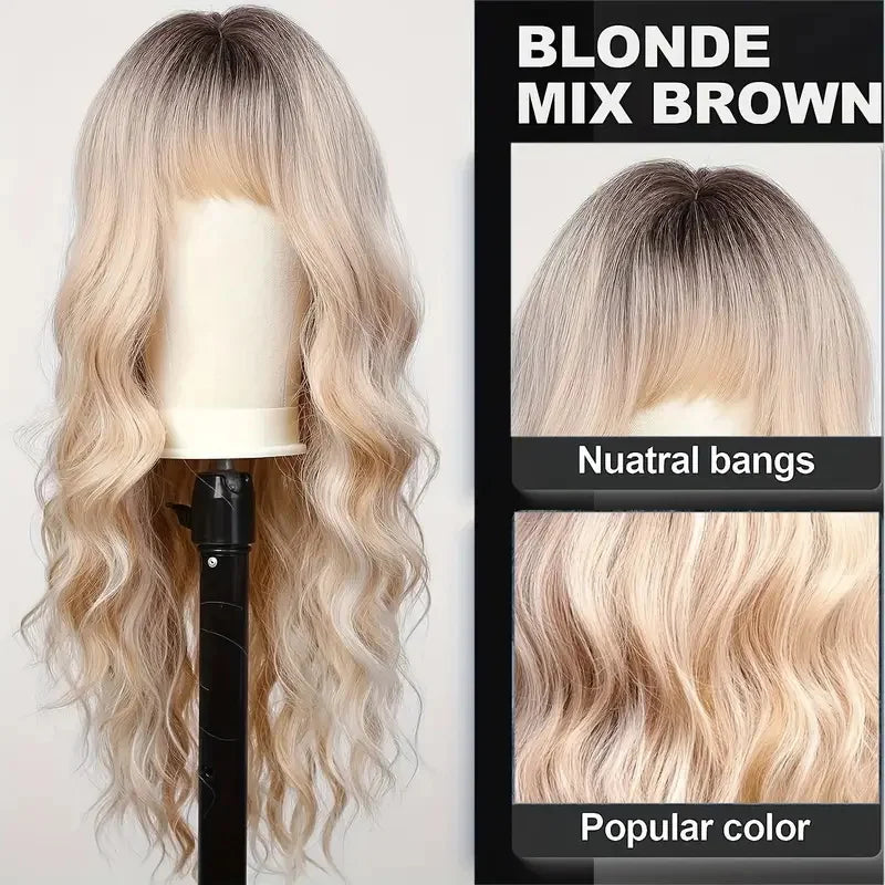 28inch Long Curly Wavy Wig with Bangs Heat Resistant Synthetic Hair Loose Wave Elegant Daily Beginner-Friendly