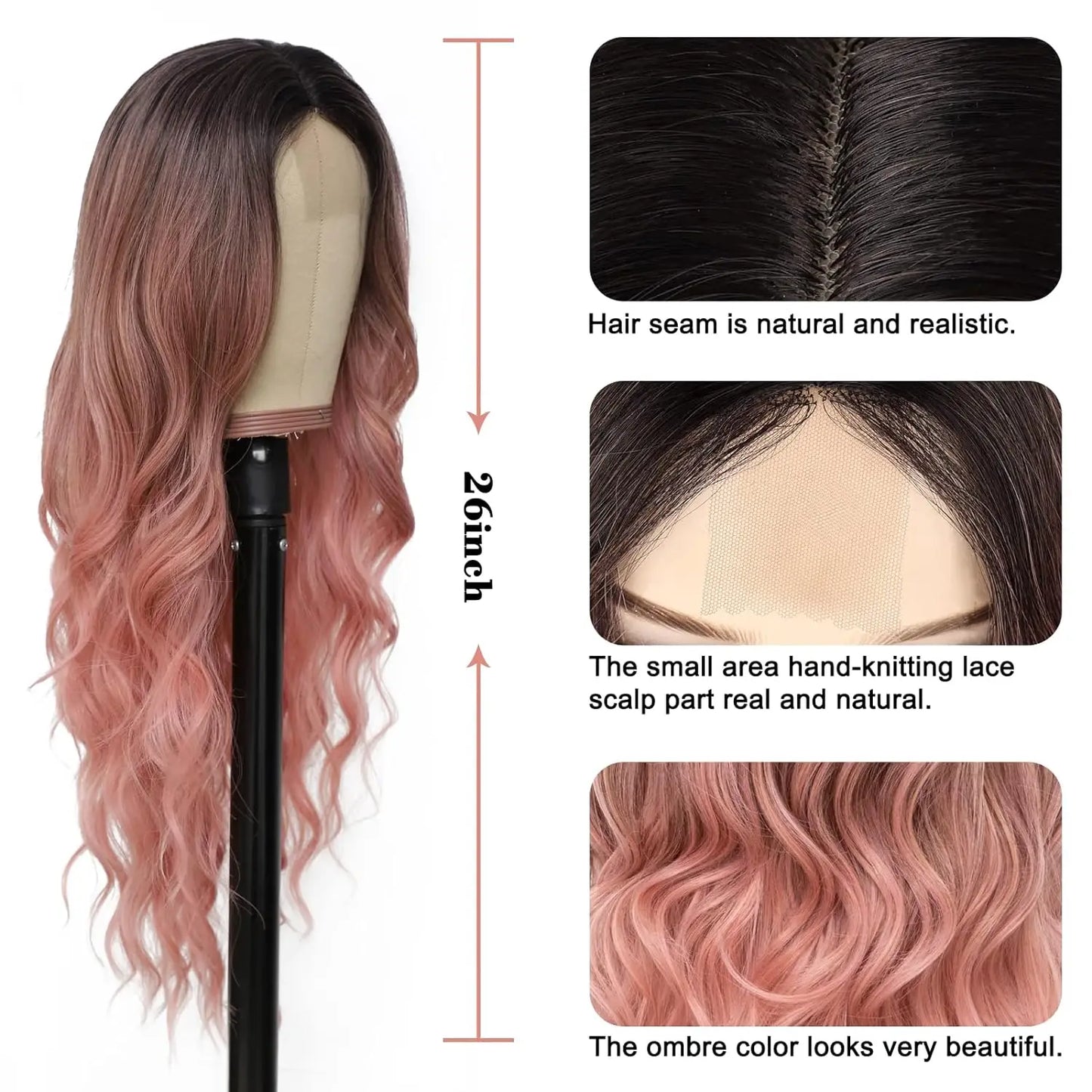 28 Inch Synthetic Hair Wig Long Lace Ombre Blonde Pink Curly Wavy for Women Girl Middle Part Machine Made Daily Party Dating
