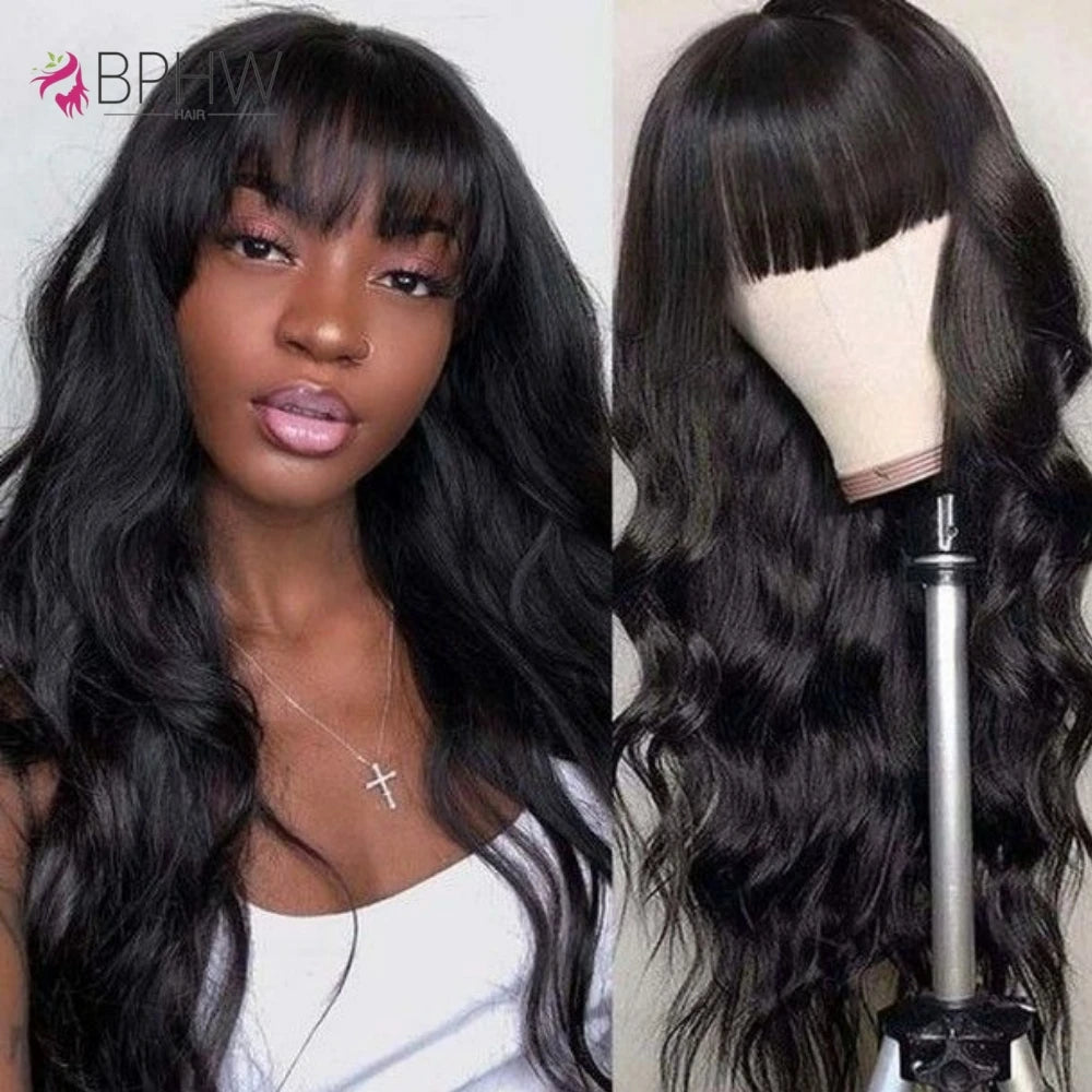 Body Wave Human Hair 30 Inch Wigs With Bangs Full Machine Made Human Hair Wigs For Women Natural Color 180% Density Long Wigs