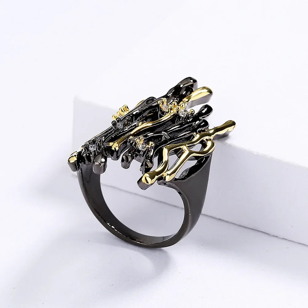 Rings for Women Geometric Hollow Irregular Branch Shape Women's Jewelry Fashion Party Gift Black Gold Color Accessories