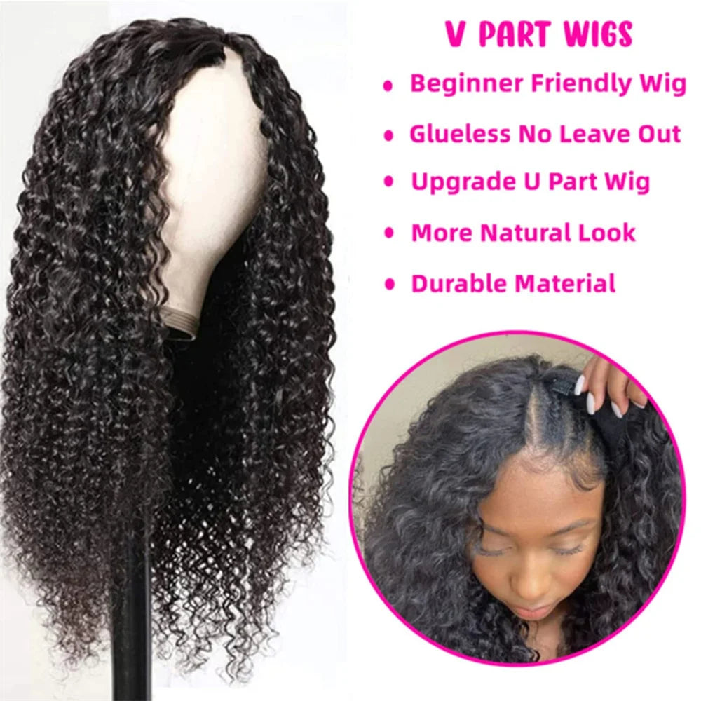 Water Wave V Part Wig Human Hair No Leave Out Curly V Part Human Hair Wigs For Women 180% Brazilian Curly Machine Made Wig