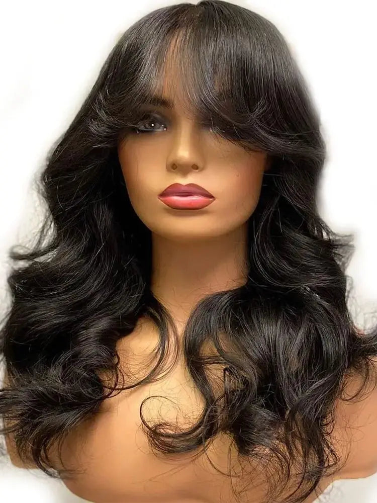 Peruvian Human Hair Wig With Bangs 32 inch Body Wave Hair Wigs For Women Natural Black Machine Made Loose Wave Long Hair Wig
