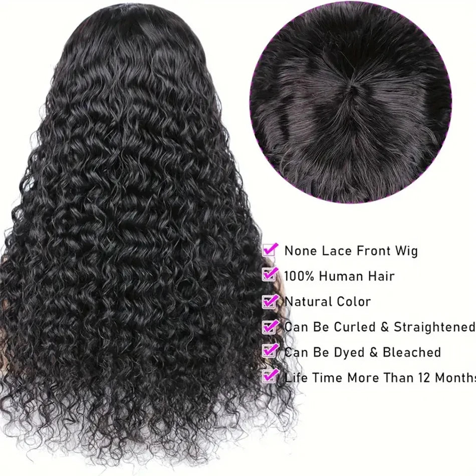 Long Curly Wig with Bangs Human Hair Full Machine Made Wear and Go Glueless Wig Water Wave Wigs with Bangs for Black Women 180%