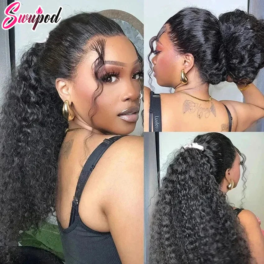 30 Inch Black Human Hair Drawstring Snug Water Wig Glueless 250 Density Hd Invisi Strap 360 Full Lace Frontal Kinky Curly Wig