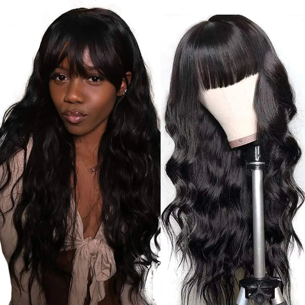 Peruvian Human Hair Wig With Bangs 32 inch Body Wave Hair Wigs For Women Natural Black Machine Made Loose Wave Long Hair Wig