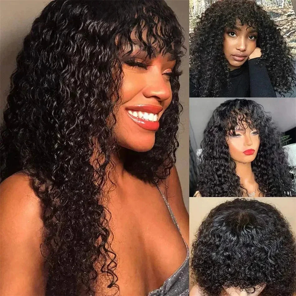 Long Curly Wig with Bangs Human Hair Full Machine Made Wear and Go Glueless Wig Water Wave Wigs with Bangs for Black Women 180%