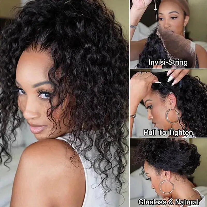 30 Inch Black Human Hair Drawstring Snug Water Wig Glueless 250 Density Hd Invisi Strap 360 Full Lace Frontal Kinky Curly Wig