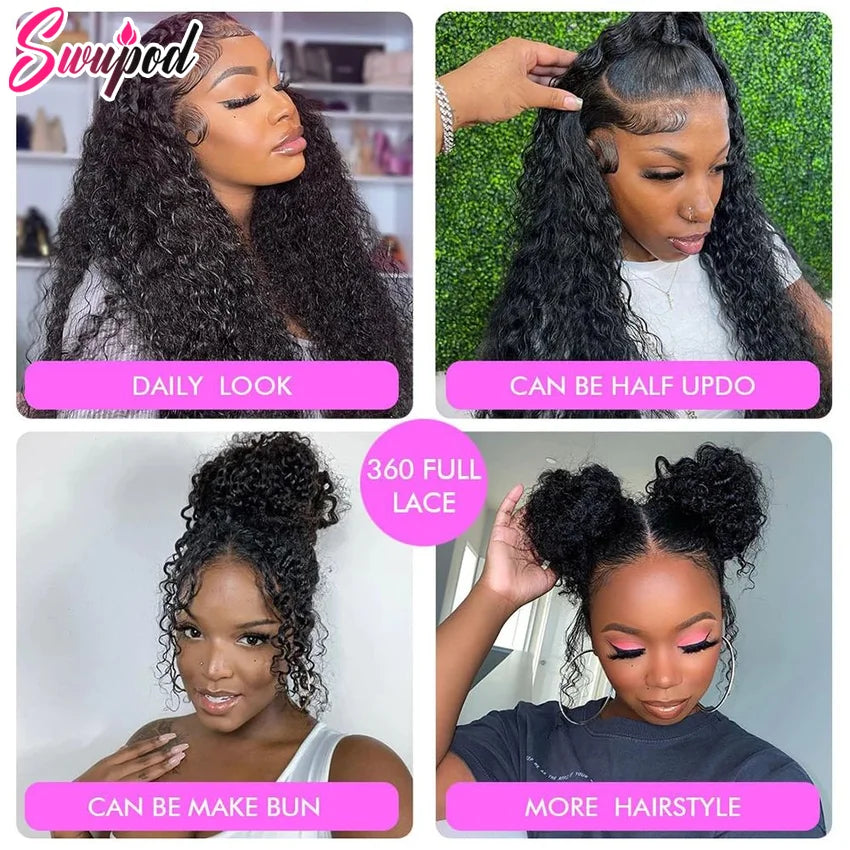 30 Inch Black Human Hair Drawstring Snug Water Wig Glueless 250 Density Hd Invisi Strap 360 Full Lace Frontal Kinky Curly Wig
