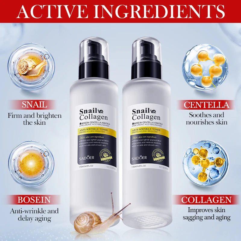 SADOER Snail Collagen Cleanser Face Cream Serum Toner Lotion Whitening Moisturizing Nourishing Serum Firming Lifting Skin Care