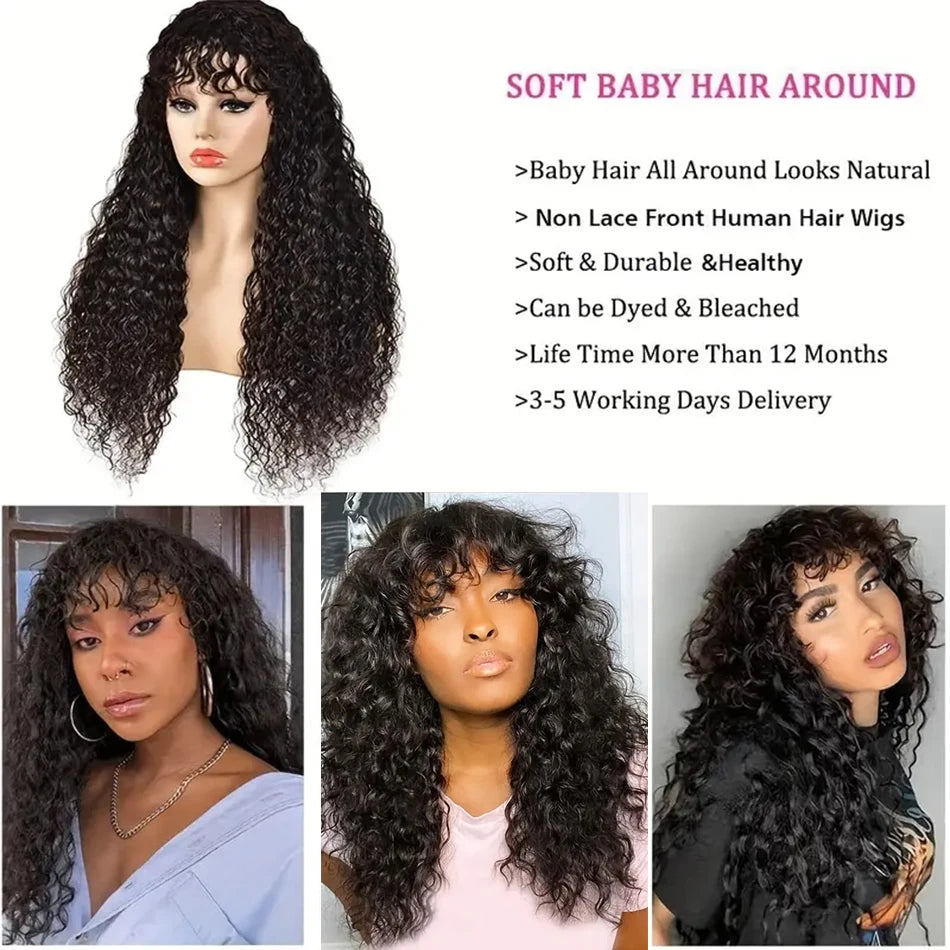 Long Curly Wig with Bangs Human Hair Full Machine Made Wear and Go Glueless Wig Water Wave Wigs with Bangs for Black Women 180%