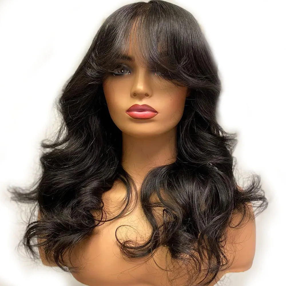 Peruvian Human Hair Wig With Bangs 32 inch Body Wave Hair Wigs For Women Natural Black Machine Made Loose Wave Long Hair Wig
