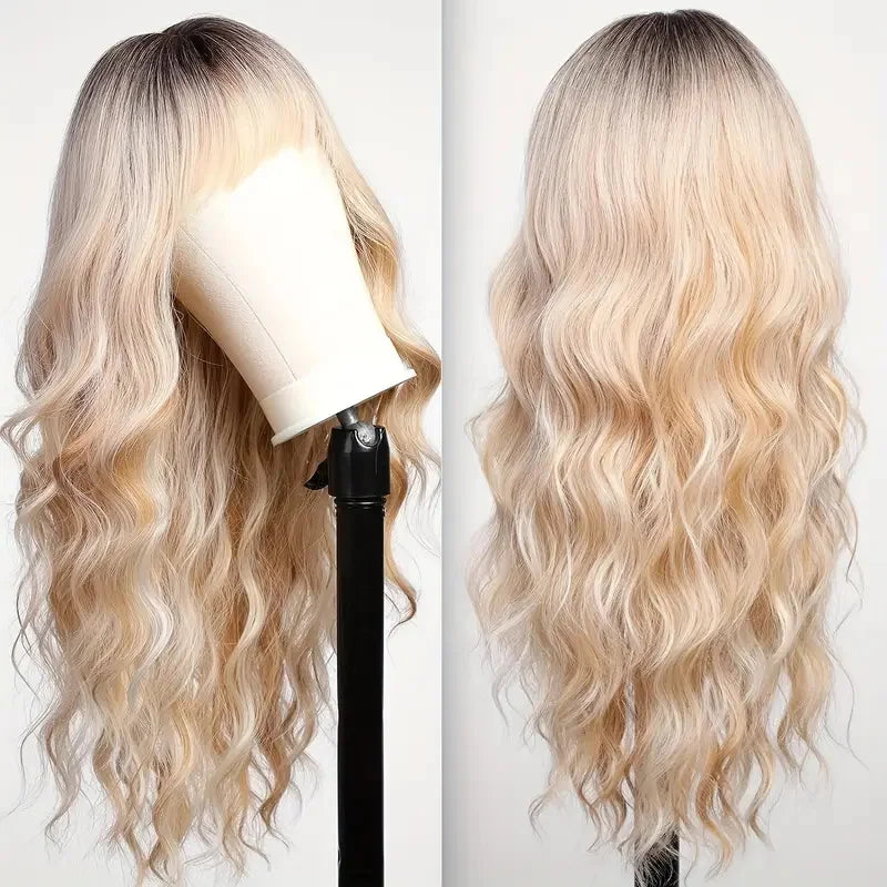 28inch Long Curly Wavy Wig with Bangs Heat Resistant Synthetic Hair Loose Wave Elegant Daily Beginner-Friendly